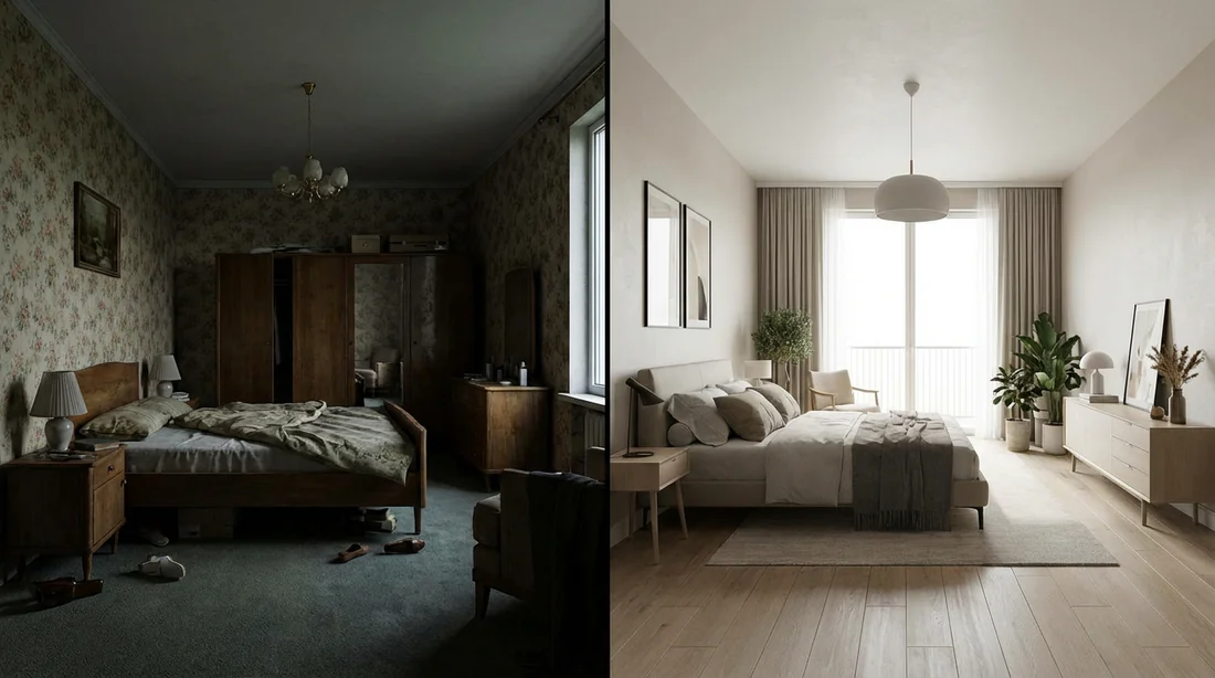 Comparaison avant/après d'une mise en valeur professionnelle pour une annonce Airbnb.