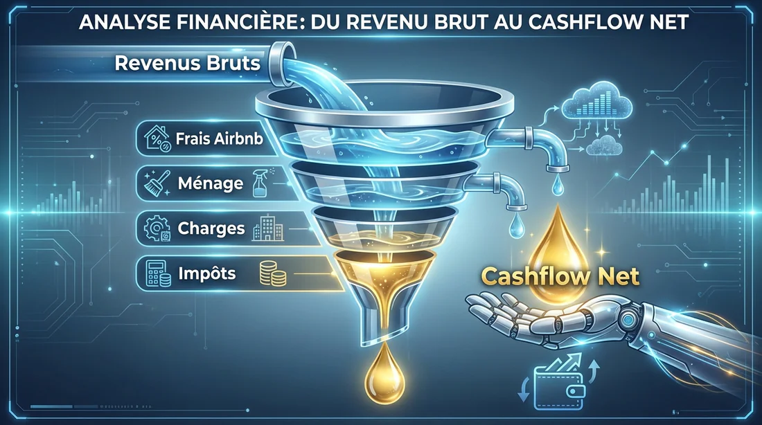 Infographie en entonnoir montrant le passage du revenu brut au cashflow net Airbnb.