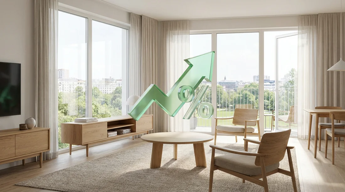 Intérieur d'un appartement moderne scandinave avec un graphique de croissance de rentabilité en surimpression.