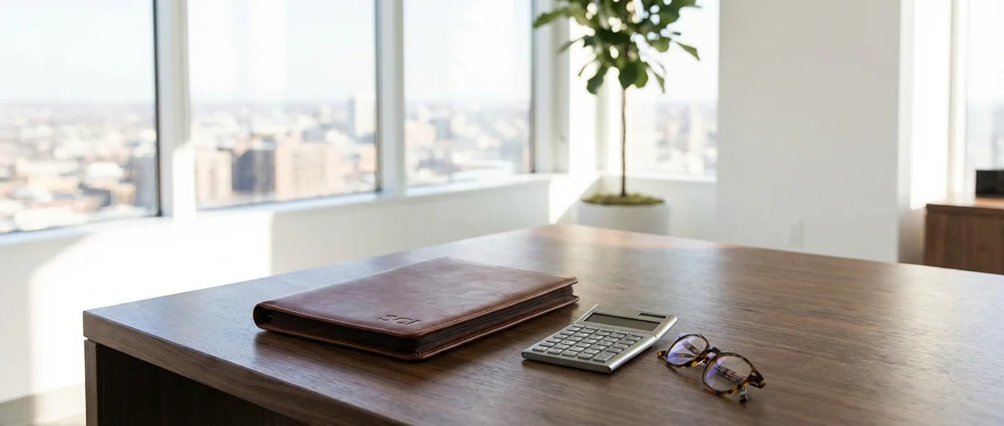 Bureau professionnel moderne avec un dossier de SCI et une calculatrice pour la gestion immobilière.