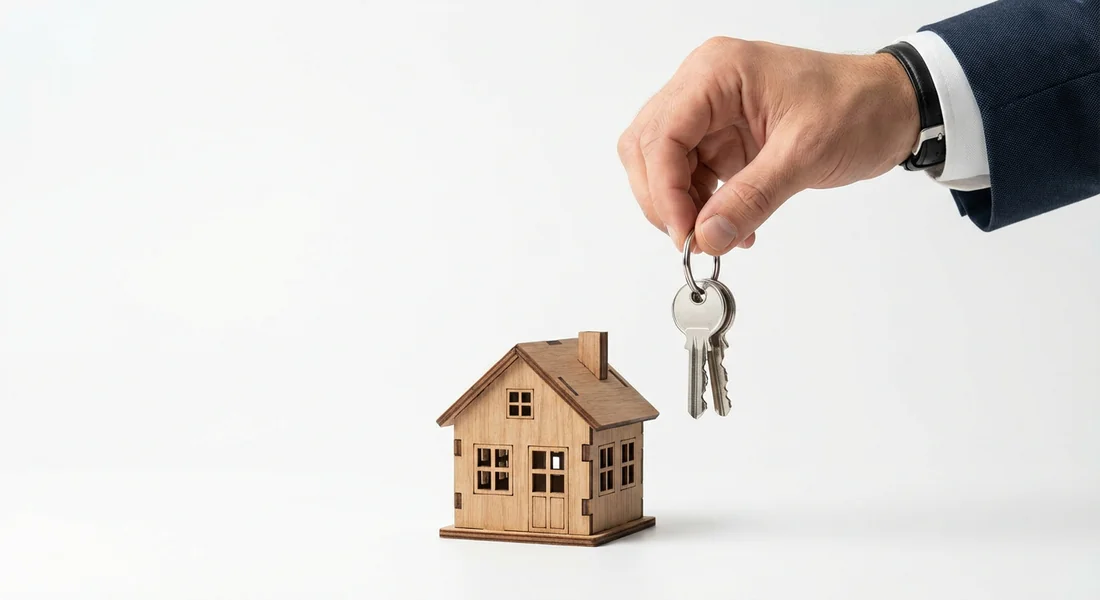 Modèle réduit de maison et clés symbolisant l'achat immobilier en société.