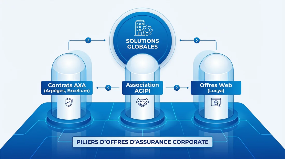Diagramme explicatif de la galaxie des contrats AXA : Arpèges, Excelium, AGIPI et Lucya.