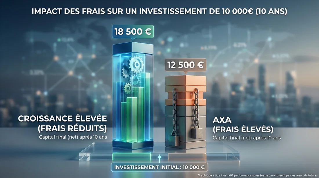 Graphique montrant l'impact massif des frais sur un investissement de 10 000 euros chez AXA sur 10 ans.
