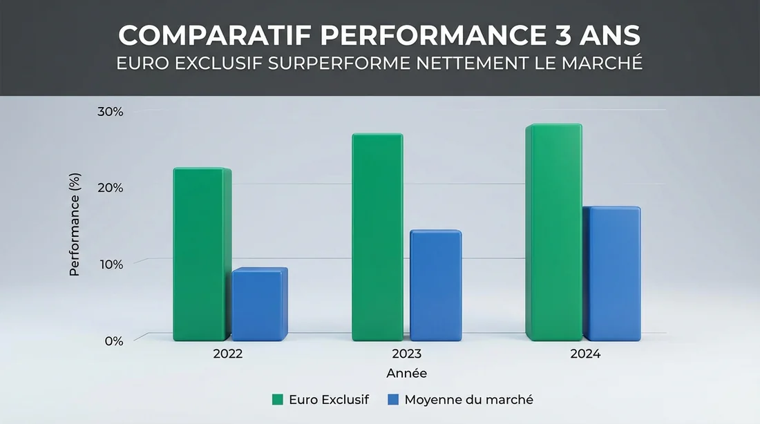 Graphique comparatif des rendements du fonds Euro Exclusif de Boursorama par rapport à la moyenne du marché.