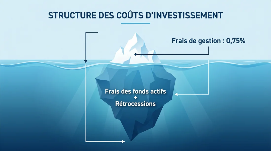 Infographie montrant les frais cachés de la gestion pilotée chez Boursorama sous forme d'iceberg.