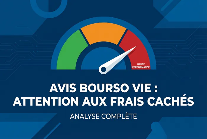 Miniature avis Boursorama Vie avec jauge de performance et avertissement sur les frais.