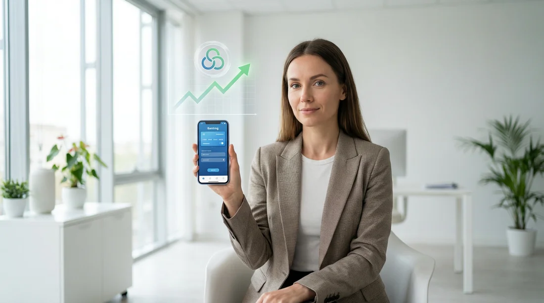 Une personne sereine consultant son contrat d'assurance vie Boursorama Vie sur son smartphone avec un graphique de croissance.