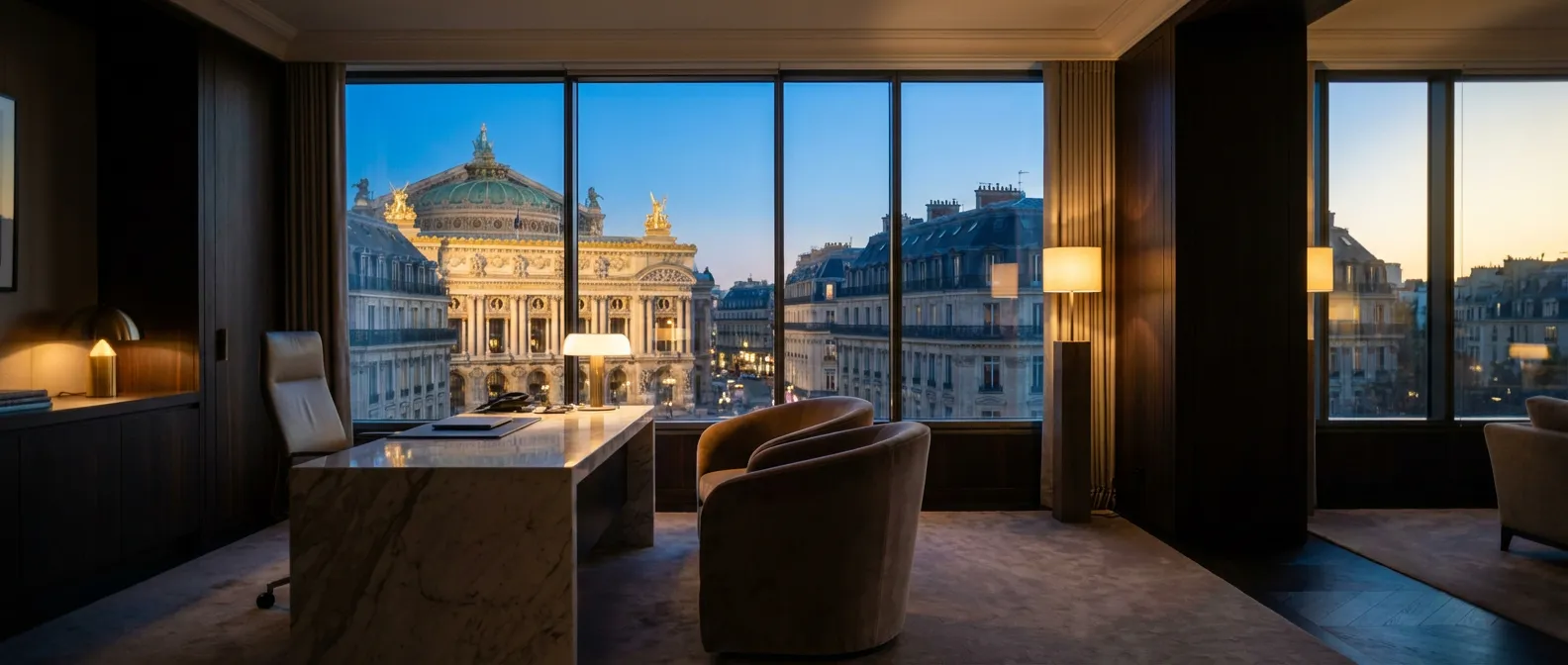 Bureau de prestige à Paris surplombant l'Opéra, symbolisant l'assurance vie LCL Predica
