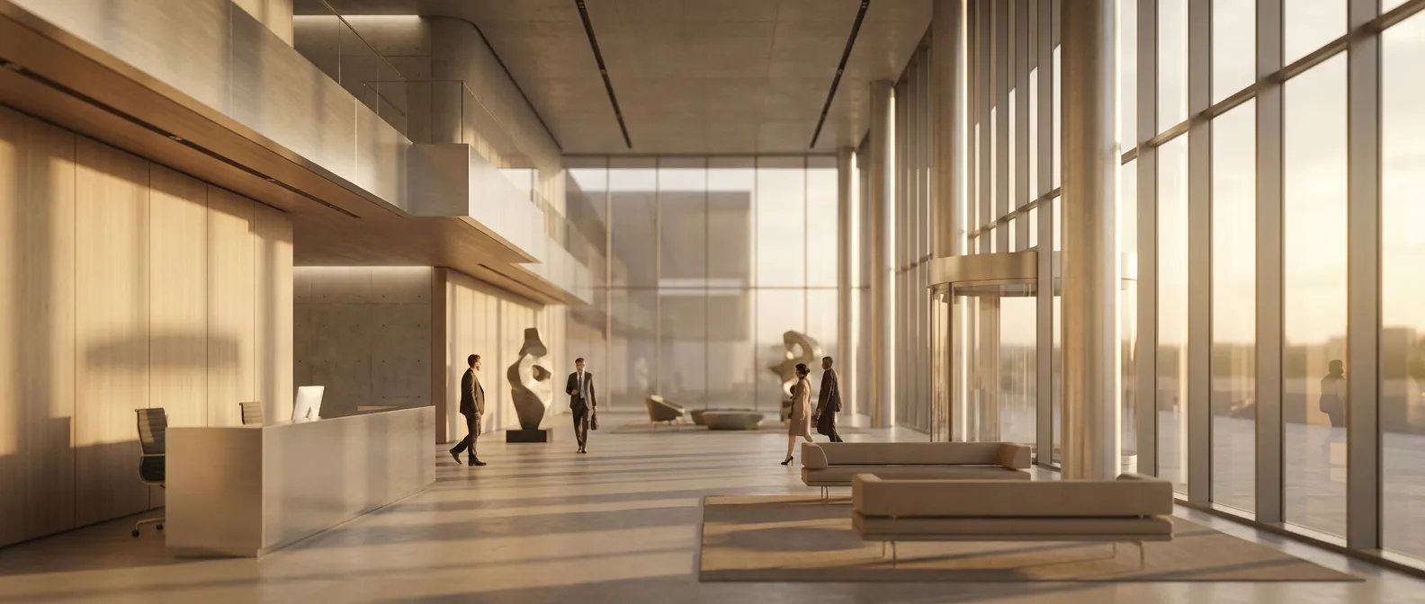 Vue intérieure majestueuse d'une banque moderne baignée de lumière naturelle pour illustrer l'offre CIC.