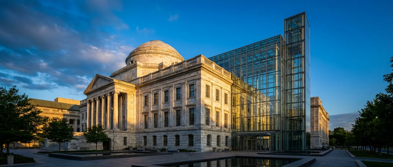 Bâtiment architectural prestigieux mêlant pierre classique et verre moderne représentant la solidité de la Carac.