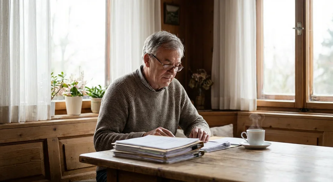 Gestion sereine du cumul RSA et retraite Sénior serein organisant ses dossiers administratifs pour sa retraite et le RSA dans un cadre paisible.