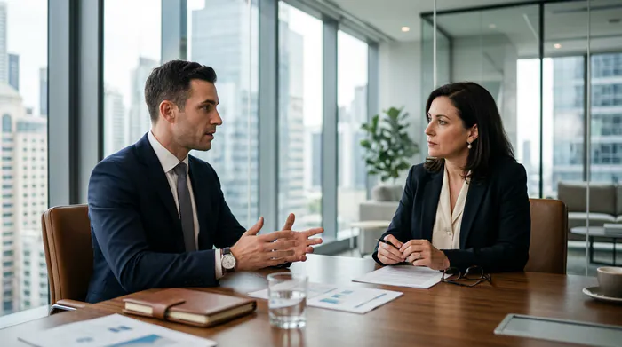 Analyse de documents de financement professionnel entre un banquier et un client.