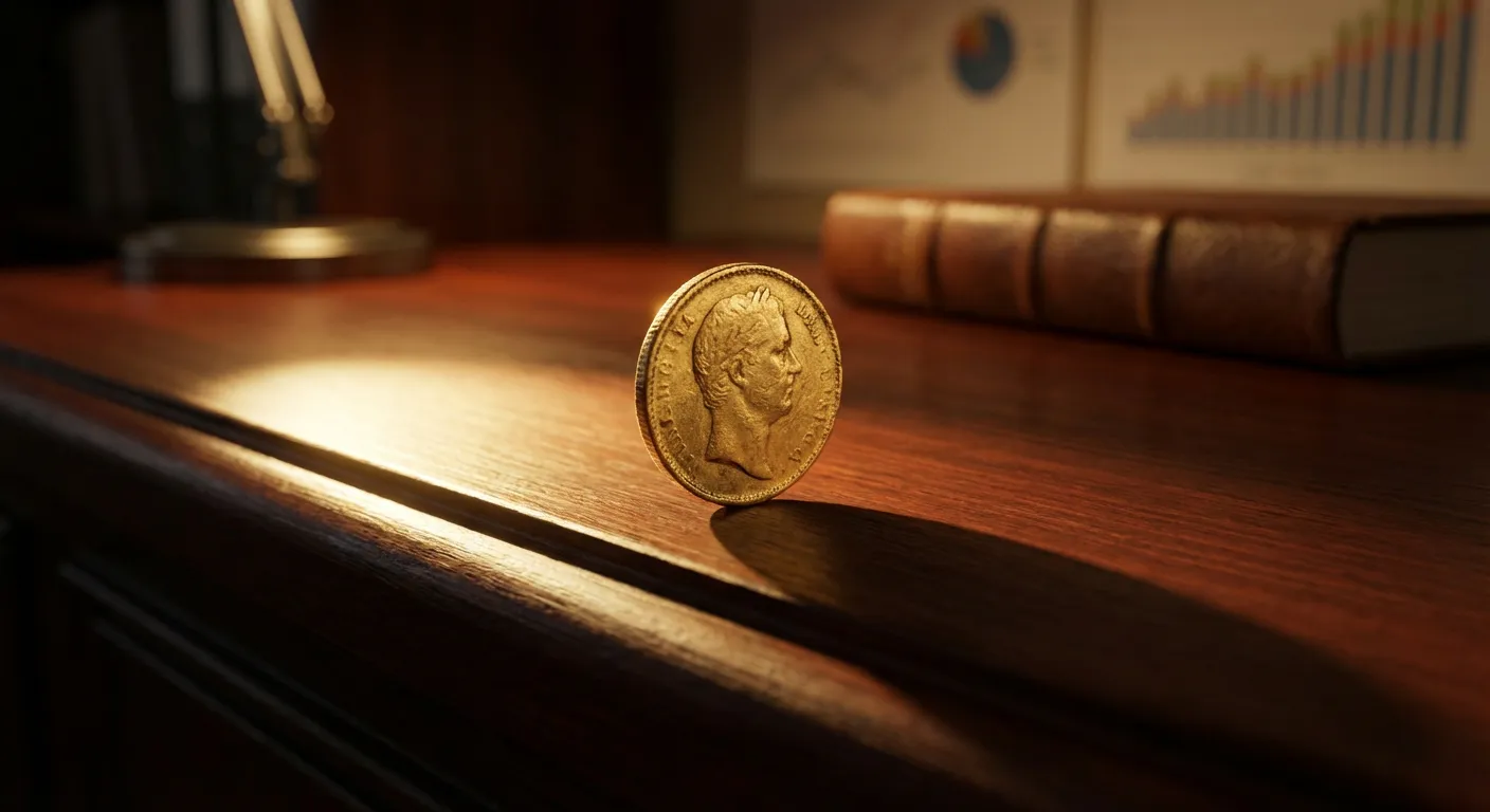 Pièce d'or en équilibre sur un bureau, icône de la rémunération financière.