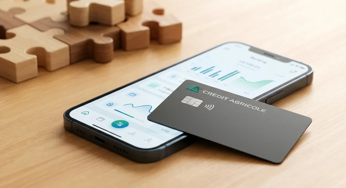 L'offre bancaire à composer du Crédit Agricole Carte bancaire Crédit Agricole posée sur un smartphone avec une application mobile et des pièces de puzzle en arrière-plan