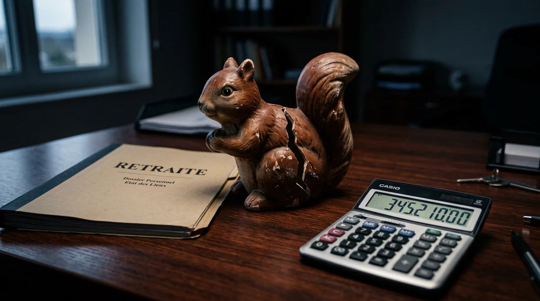 Impact des frais sur l'épargne retraite Une tirelire écureuil fissurée à côté d'un dossier de retraite et d'une calculatrice illustrant les frais élevés.