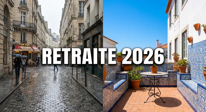 Portugal retraite français : guide 2026 - Retraite au Portugal : 4 erreurs à éviter - Partir au Portugal en 2026 : est-ce rentable ? Comparaison visuelle entre la France pluvieuse et le Portugal ensoleillé pour la retraite 2026.