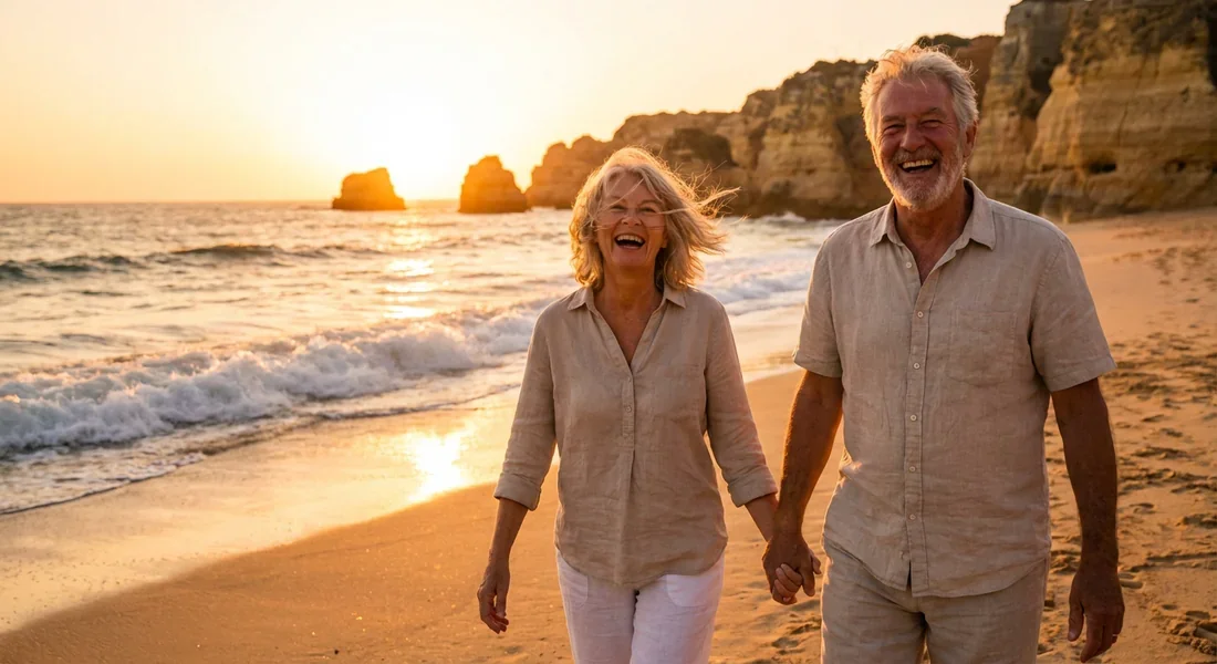 Couple de seniors heureux marchant sur une plage ensoleillée de l'Algarve au Portugal pour leur retraite.