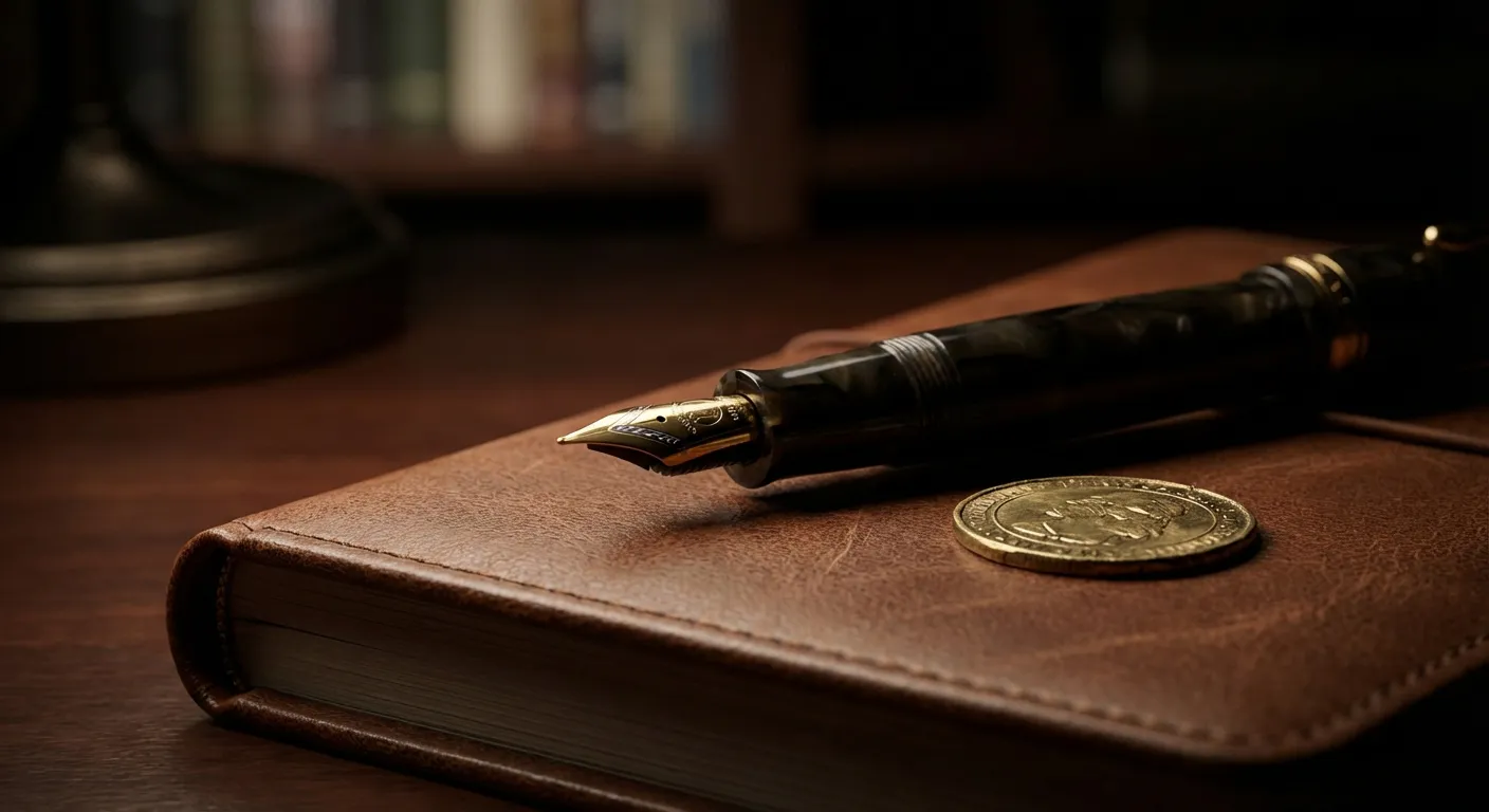 Stylo plume et pièce d'or sur un carnet, icône de l'investissement retraite Préfon.