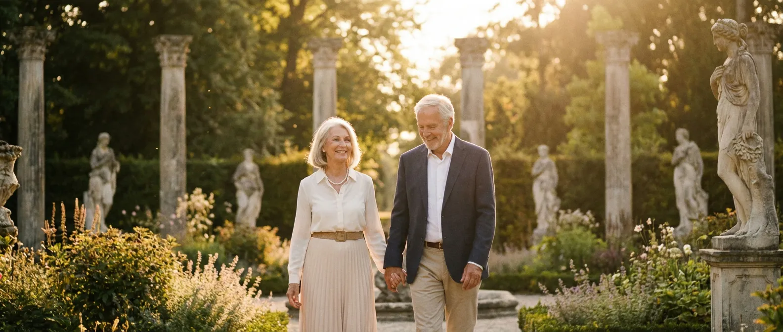 Un couple de retraités sereins marchant dans un jardin ensoleillé, symbolisant la sécurité de la retraite Préfon.