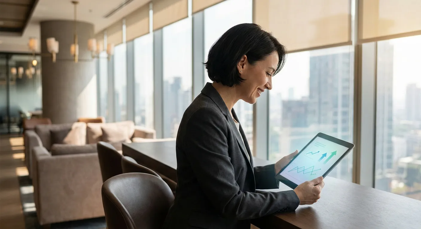 Une femme professionnelle analysant les avantages fiscaux et la croissance financière sur une tablette.