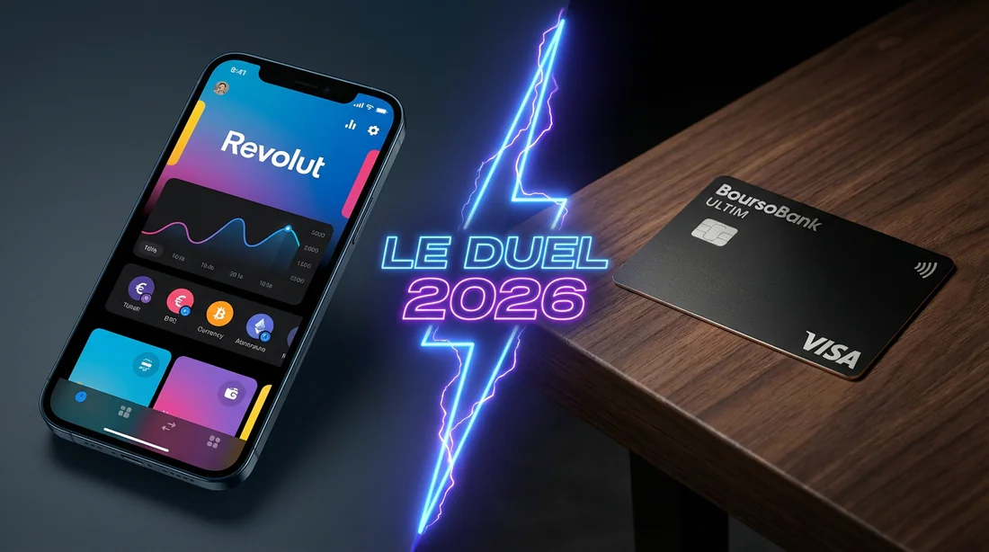 Comparaison visuelle entre l'application Revolut et la carte BoursoBank Ultim pour le duel 2026