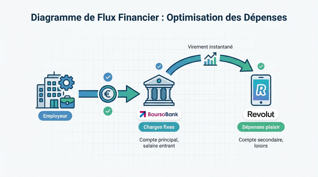 Schéma de la stratégie Power Duo : BoursoBank pour les charges fixes et Revolut pour les loisirs