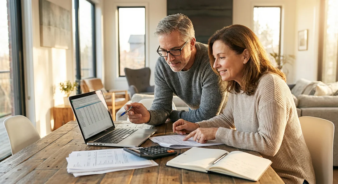 Couple de seniors souriants analysant leurs documents financiers pour calculer leur surcote de retraite devant un ordinateur.